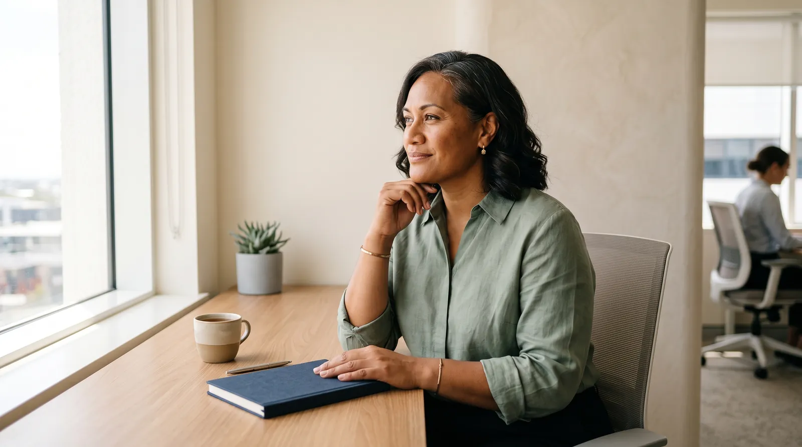 A composed, confident leader pausing in thought at a sunlit desk