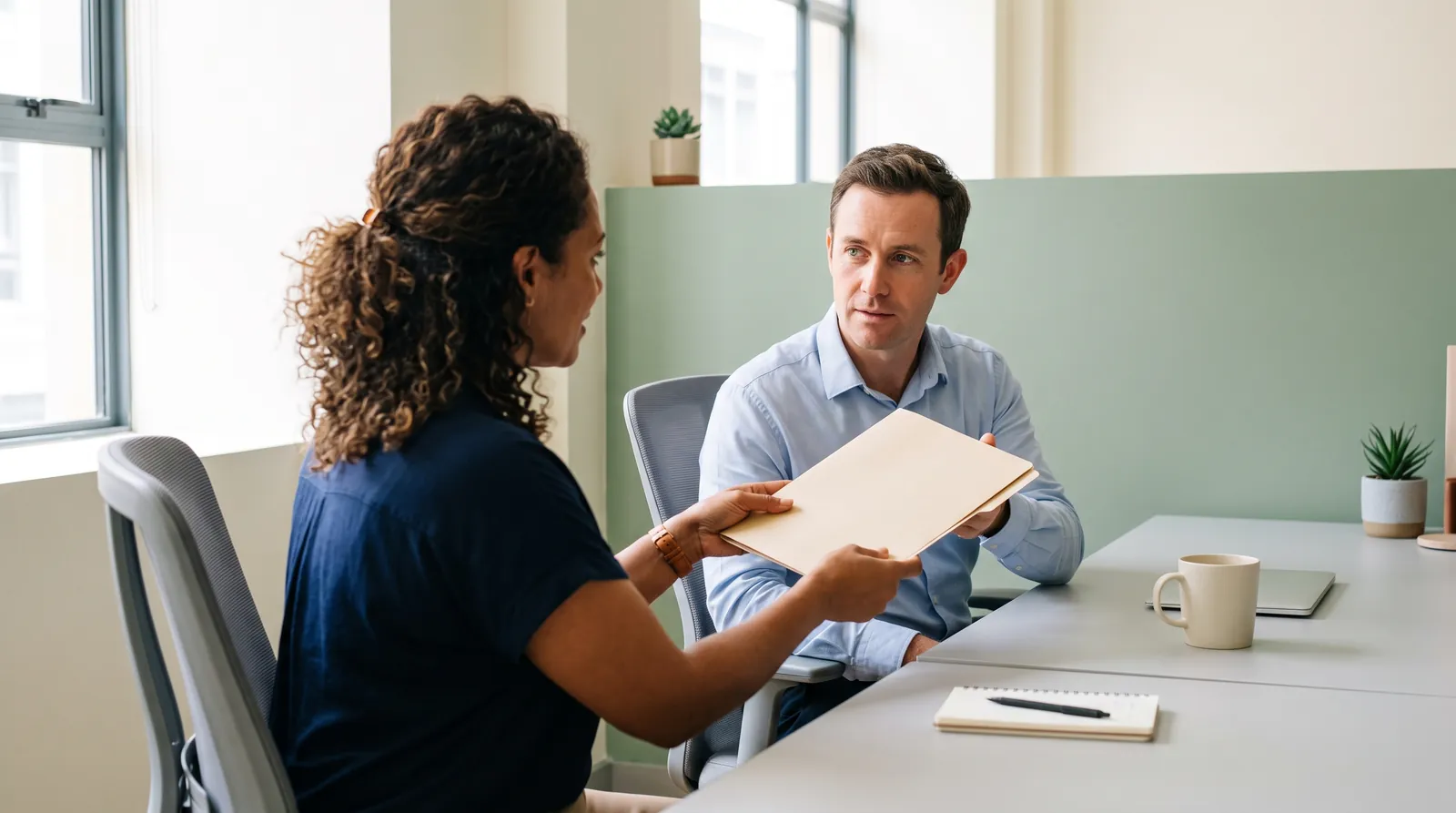 A leader delegating a project to a trusted colleague in a bright office