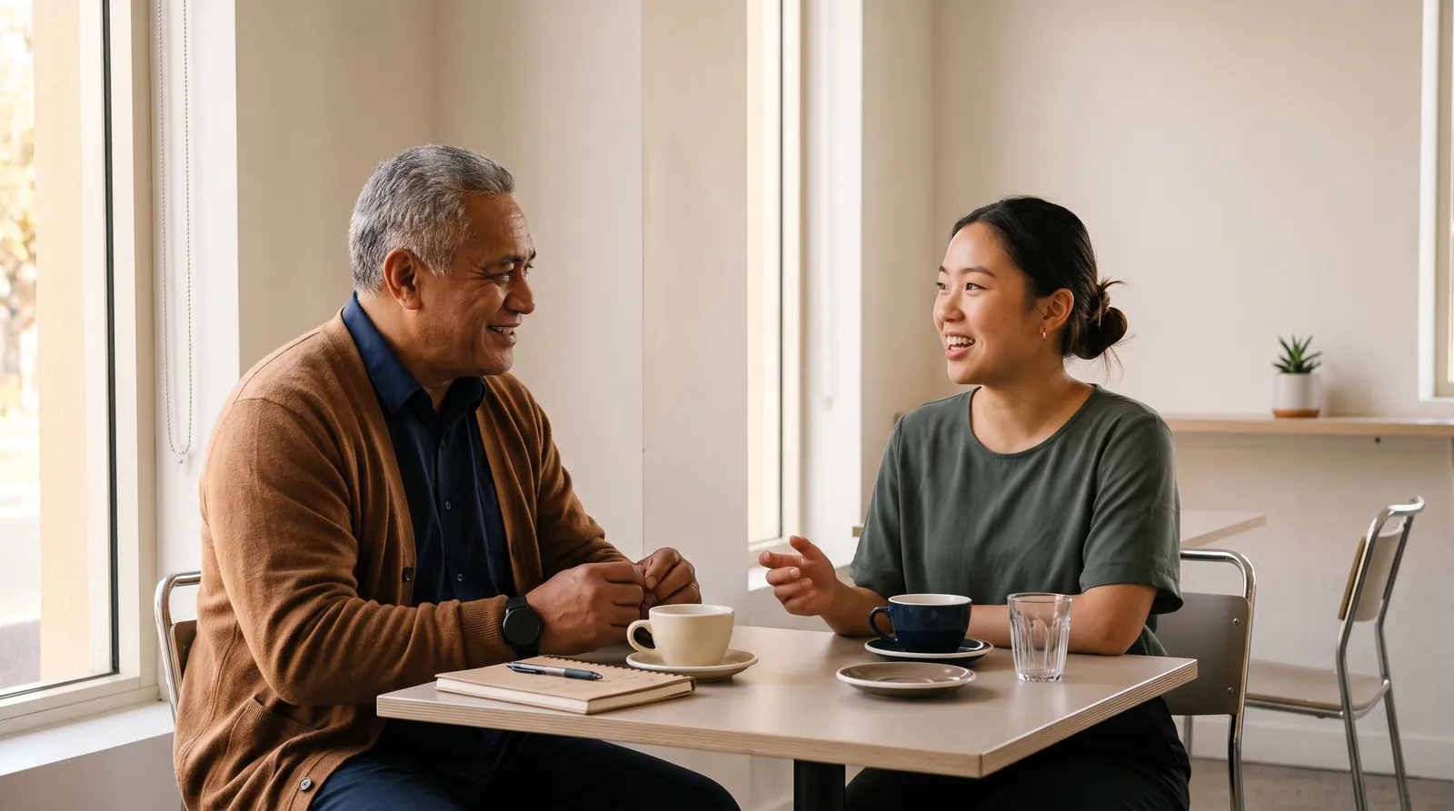 A mentor and a younger professional in a warm mentoring conversation