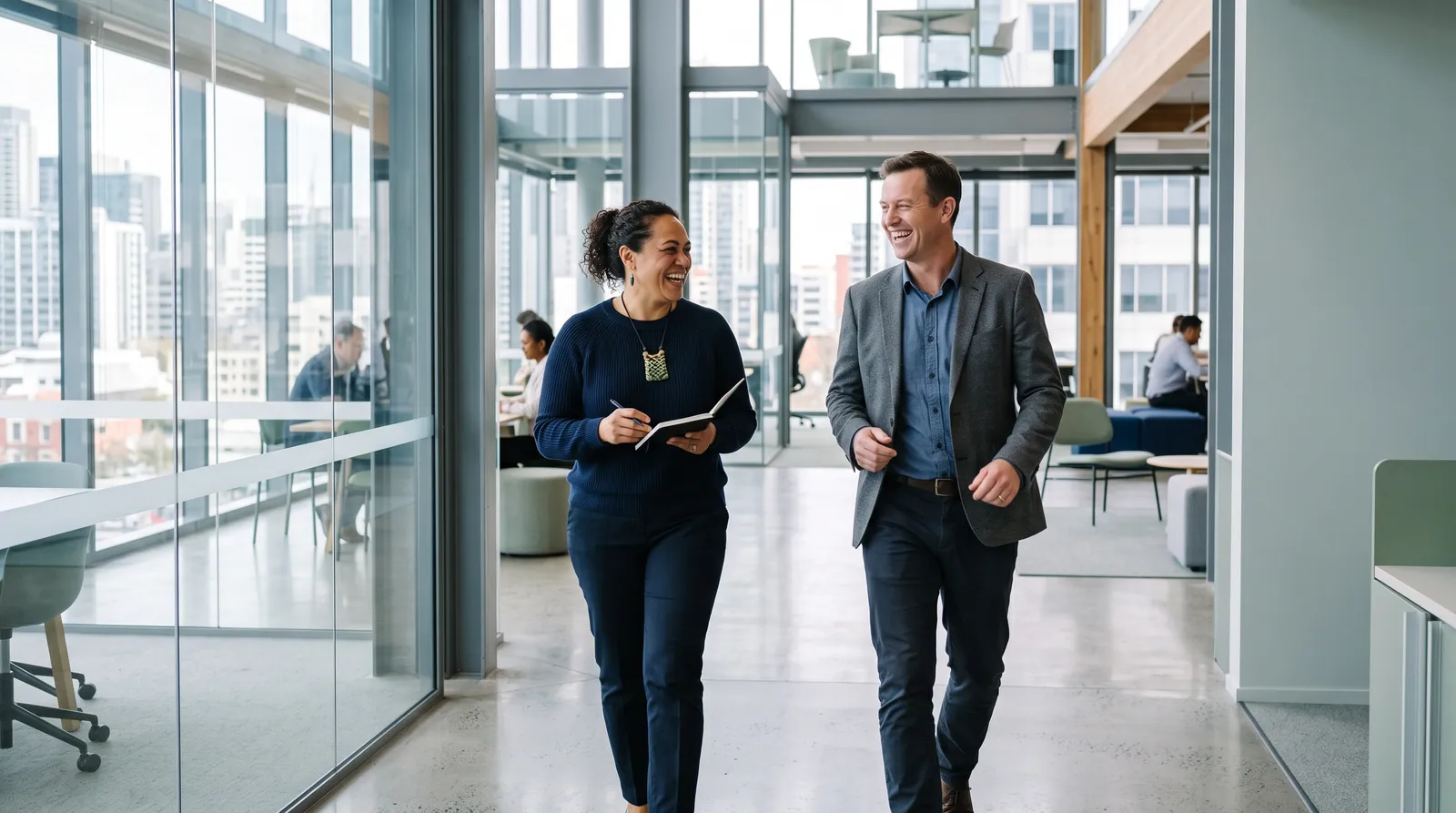 A respected team leader in warm conversation with a colleague in a sunlit Australian office