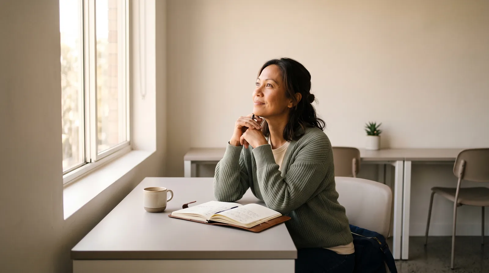 A woman around 40 journaling by a sunlit window, planning a fresh chapter