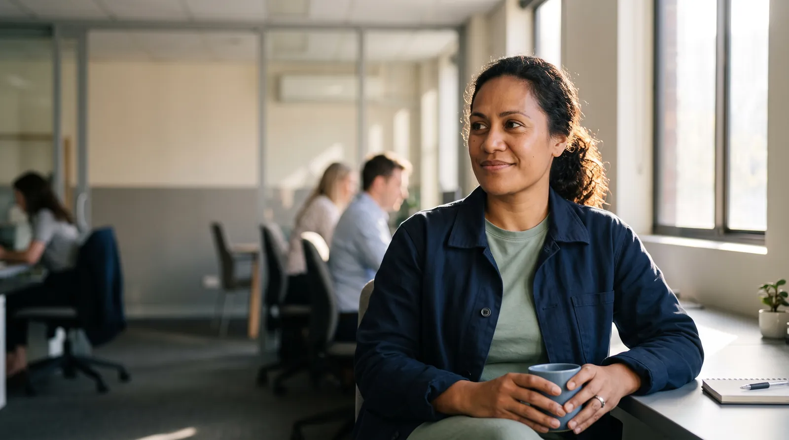A worker pausing calmly in a supportive workplace